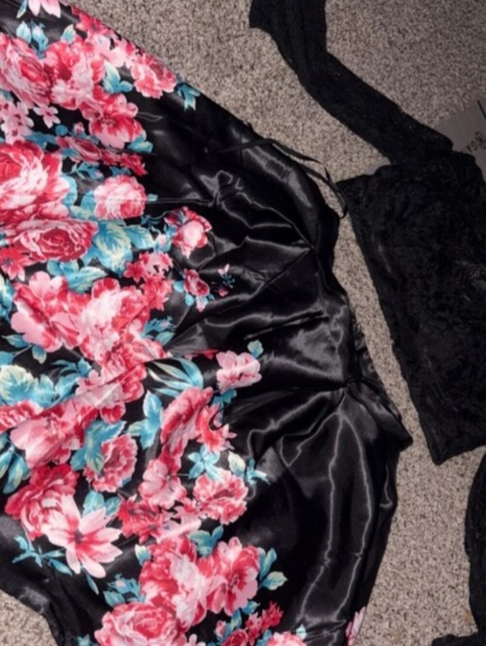 David's Bridal Black Satin Circle Skirt with Pink Floral Print
